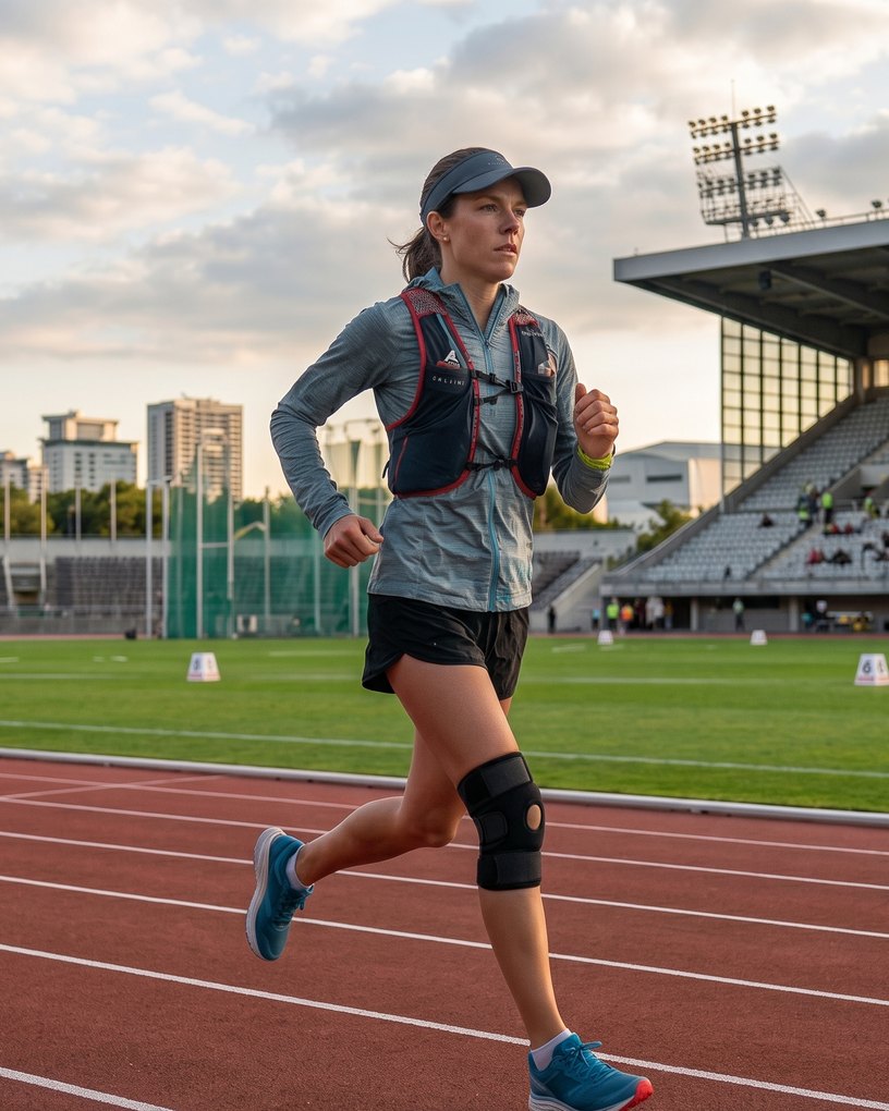 Runner on a stadium athletics track wearing a black hinged knee brace with an open patella opening.