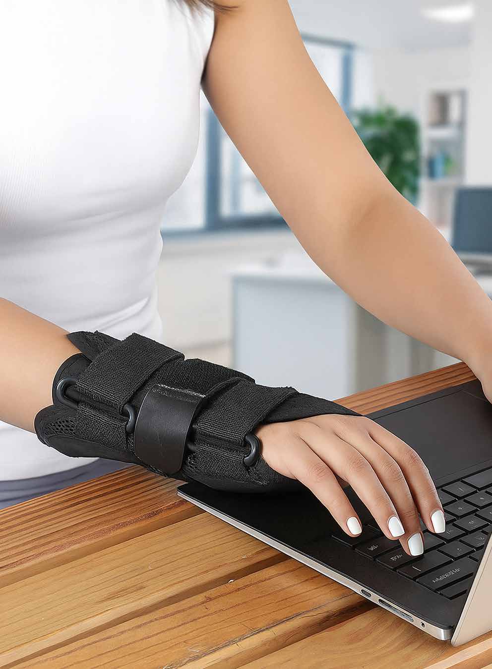 Model typing on a laptop while wearing the black wrist cock-up splint with strap closures.